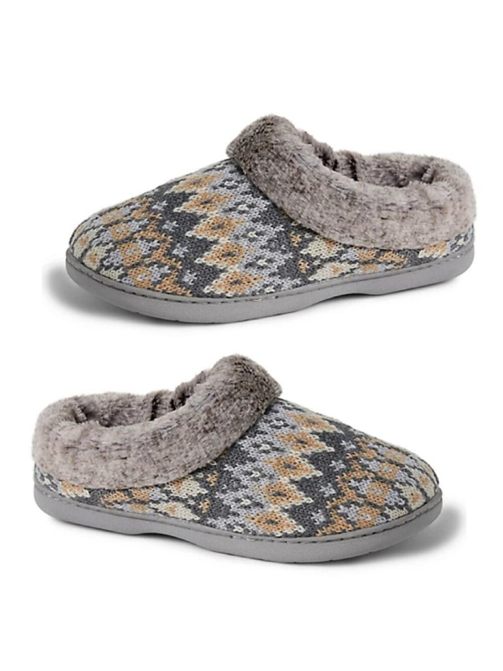 Women’s Sz Large 9-10 new Cozy Mountain Fairisle Knit-top Slippers Grey Blue Tan